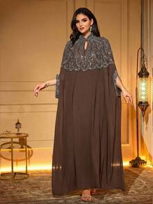 Áo Kaftan dài thanh lịch dành cho nữ, thêu đính cườm và cổ khoét hình giọt nước, được làm từ chất liệu vải dệt kiểu cánh dơi trang nhã, màu nâu cà phê. - Màu nâu Sô-cô-la - Xem 6