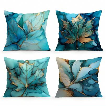 4件套大理石纹叶子图案枕套，单面印花抱枕套，适用于客厅、卧室、家居装饰，四季皆宜