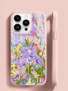 Matte Magnetic Phone Case For IPhone 16 Pro Max, 15 Pro Max, 11, 12, 13, 14 Pro Max, 14 Plus, 16 Plus, Solid Color, Shockproof Back With Purple Floral Oil Painting Style - Gold - View 6