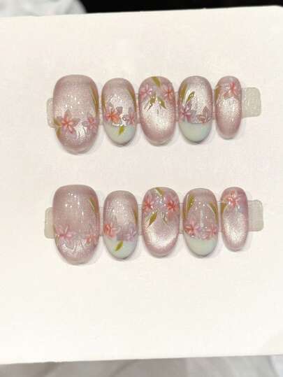 10pcs Gentle Floral Handmade Press On Nails, Pink Glitter Cat's Eye Nails Hand-Painted Cherry Blossoms Fake Nails, Short Oval Nails Acrylic False Nails French Tip Nails For Wedding Bride Spring Picnic & Daily Wear, With Jelly Glue And Nail File, DIY Nail Art Supplies