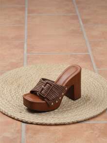 New High Heeled Sandals For Women Round Toe Buckle Chunky Heel Clogs Mule Shoe Studded Slip On Slides Non Slip High Heels Party Work Beach Business Casual Wedding Dress Shoes Casual Oudoor Fashion Easter Gifts Spring Festival Womens Summer Sandal Brown Raffia Sandals - 褐色拉菲亞 - 查看 8