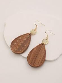 一对原装红木雕刻水滴吊坠耳环，可个性化定制，自然风格，夸张设计，适合旅行、度假、派对、下午茶、音乐节和日常佩戴。 - 摩卡棕 - 查看 3