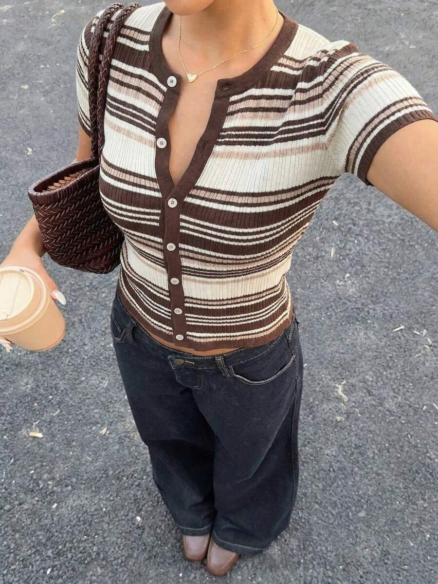 2pcs 2026 Summer Y2K Style Brown Striped Crop Top. Casual Fitted Versatile, Can Be Paired With Swimwear, Suitable For Beach, Outings, Office And Other Occasions