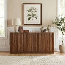 Large Capacity Fluted Sideboard Buffet, Engineered Wood Storage Cabinet With Gold Metal Handles, 4-Compartment Organizer For Dining Room Living Room Small Apartment, Easy Assembly Mid-Century Style - 核桃 - 查看 3