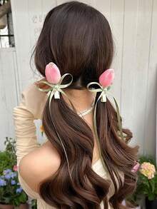 2pcs/Set Women Sweet Elegant Pink Tulip Flower Hair Clips, Elegant Ribbon Bow Barrettes Suitable For Ball, Party, Vacation And Daily Use - Pink - View 1