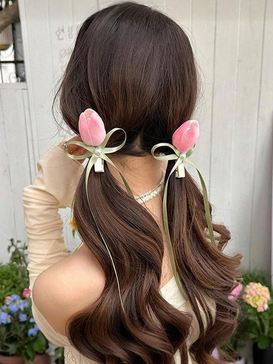2pcs/Set Women Sweet Elegant Pink Tulip Flower Hair Clips, Elegant Ribbon Bow Barrettes Suitable For Ball, Party, Vacation And Daily Use - Pink - View 1