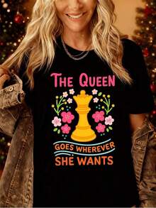Camiseta con estampado de ajedrez de la reina. Tejido de calidad, cuello redondo, corte holgado, cómoda, estilo urbano hip-hop. ?Novedad! - Negro - Ver 1