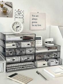 1pc Striped Transparent Stackable Storage Box, Minimalist Desktop Compartment Drawer Organizer - Clear - View 4