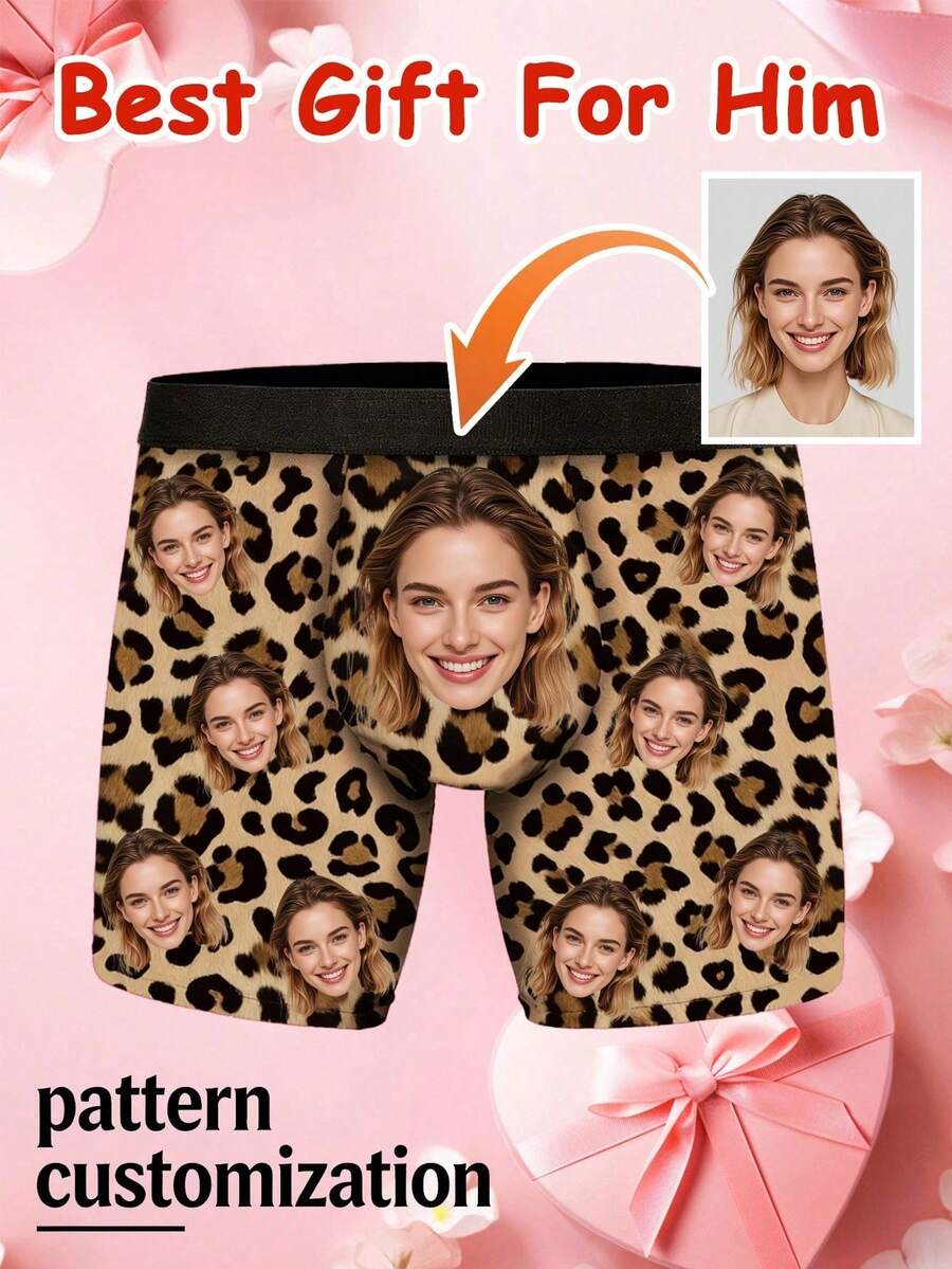 1pc Men's Customized Portrait Leopard Print Beige Comfortable Fit Playful Personalized Boxer Briefs, Romantic Valentine's Day Gift - Multicolor - View 1