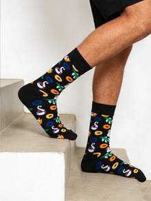 1 Pair Unisex Black Casual Socks With Swimming Ring Graphic, Street Style Mid-Calf Socks, Suitable For All Seasons - Black - View 1