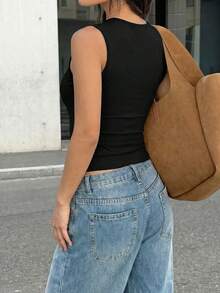 SOOKAUG Fashionable Solid Color Elegant Metal Buckle Design Sleeveless Slim Fit Blouse - Black - View 5