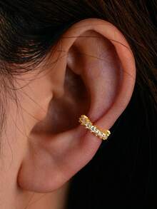 1pc S925 Sterling Silver C-Shape Zirconia Clip-On Earrings, Minimalist Luxury Earrings For Women Without Pierced Ears, Versatile - Gold - View 1