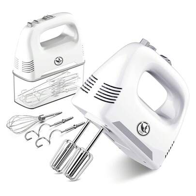 Hand Mixer - 400W Electric Hand Mixer With Turbo Boost & 5 Speeds, Includes 5 Stainless Steel Attachments - Perfect White Kitchen Gift For Holiday Baking