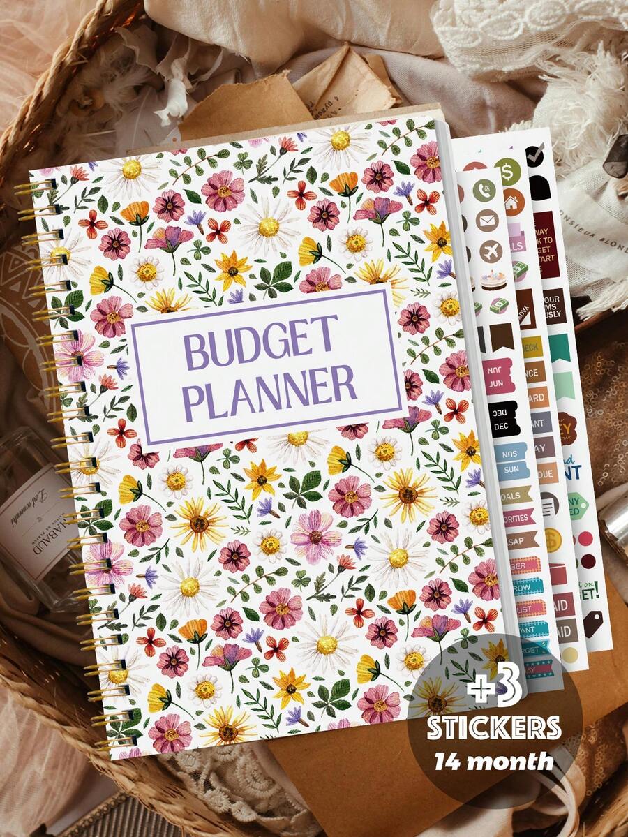 Trees Quick Budget Planner Notebook With Stickers, 116 Pages, A5 Portable Monthly Bill Payment Checklists With Spending Chart & Transparent Pockets, For Home School Office Supplies, Gifts For Friends - Flower Style - View 1