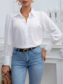 New Loose Long Sleeve Women Blouse, Button Up Solid Color Casual Shirt Spring White - White - View 5