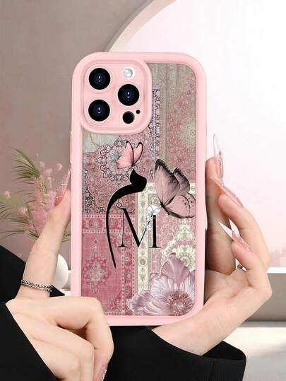 Vintage Persian Carpet Patchwork Arabic Letter M Butterfly Floral Creative Personalized Classic Cute Cool Style Suitable For Gifting To Friends, Family, Couples On Birthday, Festival, Valentine's Day. Matte Pink Soft Case With Camera Protection, Dustproof And Waterproof, Compatible With IPhone 17/16/15/14/13/12/11/Pro/ProMax/X/XR/XS/XSMAX/7/8/PLUS