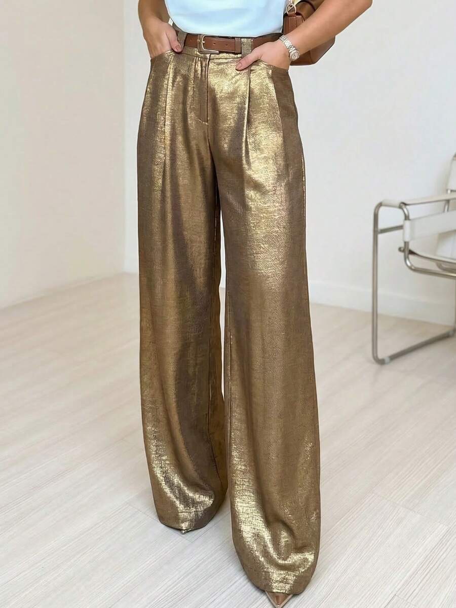 女士休闲丝绒金箔长裤，适合通勤和日常穿着，春夏款 - 銅色 - 查看 1