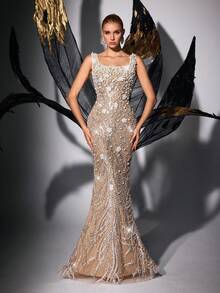 LUVISTRUE Elegant Beaded Bridesmaid Dress With Sequins, Wedding Guest Dress Vacation Party Fall - Champagne - View 4