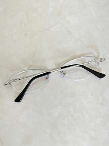 1PCElegant Semi-Rimless Metal Glasses For Women, Chain Link Temple Detail, Face Slimming Oval Frame, Office & Daily Wear - Silver - View 3