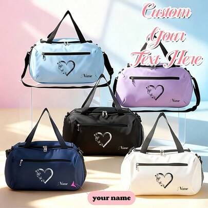 1pc Customized Personalized Name, Letter, Blessing Text Fashionable Tote Bag, Butterfly & Heart Print Outdoor Travel Handbag, Large Capacity Gym Bag, Nylon Material, Zipper Closure, Multi-Color Options, Suitable As Shoulder Bag Or Handbag, Versatile For Daily Use, Favorite