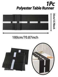 1Pc 35*180cm Polyester White&Black Stripes Race Track Table Runner, Baby Shower Race Car Theme Waterproof Table Cover For Kids Toddler Boys Birthday, Racing Car Party, Gender Reveal, Nursery Party Supplies, Racetrack Tablecloth - Black and White - View 2