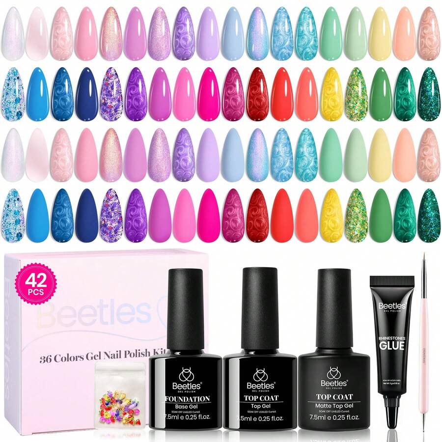 Beetles 36 Colors Gel Nail Polish Set, Pastel Jelly Pink Purple White Green Glitter Gel Kit With Base & Top Coat, Nail Tools, Soak Off UV Nail Art, Salon DIY Manicure Gift For Women - 48Pcs 36Colors Neon Gel Polish - 查看 1