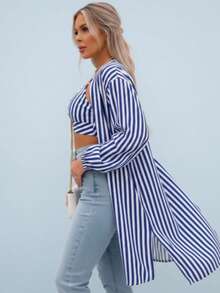 T-Shirt And Cropped Set, Striped Looks Good, Fashion 2025. Colors - 藍白色 - 查看 7