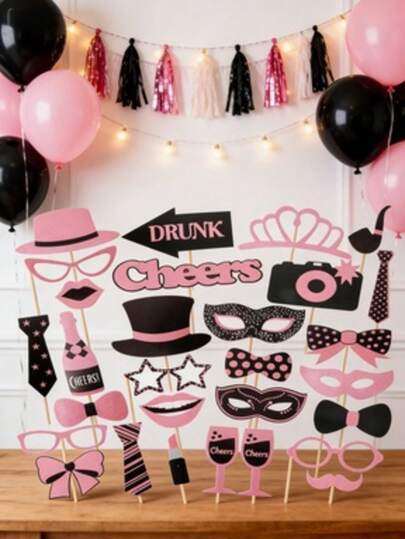 黑色和粉色派对拍照道具套装，以饮酒、干杯和微醺为主题，适合生日、聚会、派对、毕业派对、节日、新年、生日派对、圣诞节等场合。