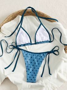 PEPPERMOLLY Summer Refreshing Blue & White Polka Dot Bikini, Spaghetti Strap Tie Triangle Cup Swimsuit, Slim Fit Whitening Girly Style Swimwear Suitable For Swimming Pool And Beach Vacation - Blue - View 3