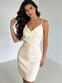 1pc Elegant Solid Color Button Decor Slip Dress, Suitable For Wedding, Holiday, Party, Daily Wear, Summer, Apricot Color - Apricot - View 2