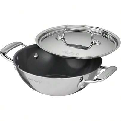 Utsava Tri-Ply Clad Stainless Steel 1.8-Quart Kadai With Lid And Ceramic Non Stick Interior, Induction-Ready Small Kadhai Pot  Cooking