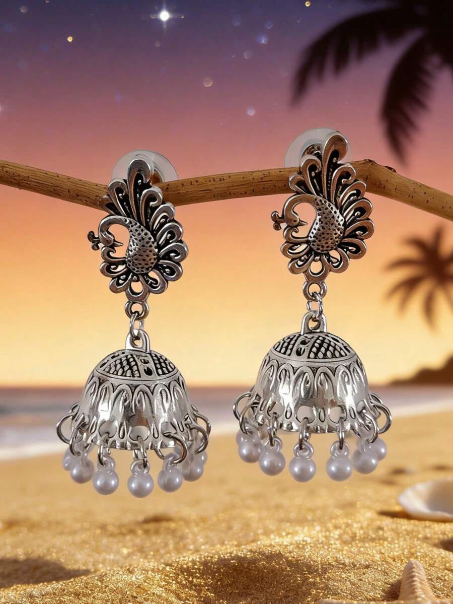 Hoa tai phong cách Nam Á thời trang, hoa tai hình con công bằng bạc, phù hợp cho phụ nữ đeo hàng ngày, làm phụ kiện trang sức cho lễ hội hoặc tiệc tùng.