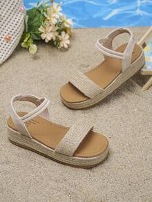 1 Par de Sandálias de Verão para Meninas, Estilo Minimalista e da Moda para Praia e Férias, Sandálias de Plataforma Bege com Sola Grossa, Sandálias de Palha Trançada de Verão para Crianças, Adequadas para Férias e Uso Diário - Damasco - Visão 6