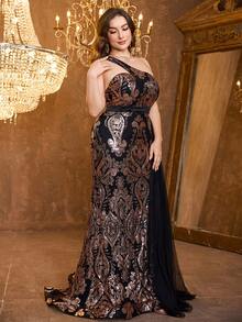 SUPGIR [Random Print] Plus Women's One-Shoulder Sequin Patchwork Mesh Fabric Slim-Fitting Floating Piece Temperament Evening Dress - Black - View 5