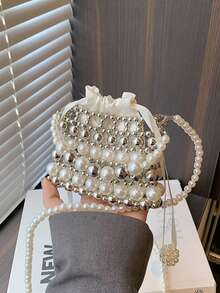 Women's French Style Pearl Handbag, New Handmade Beaded Shoulder Crossbody Bag - Silver - View 10