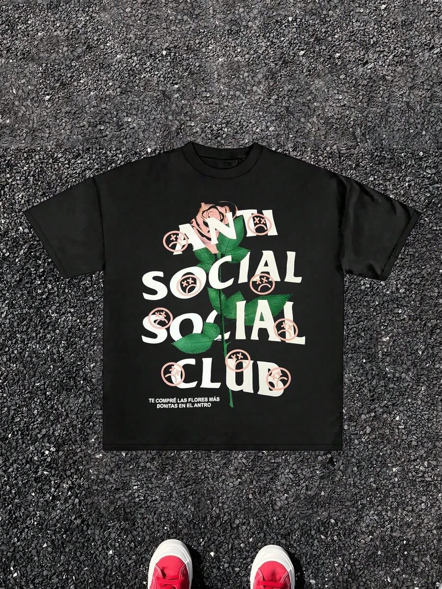 1pcs Anti Social Club Rose Print TShirt, Urban Style 100% Cotton TShirt Men's Graphic TShirt Summer Streetwear TShirt Perfect Gift - 黑色 - 查看 1