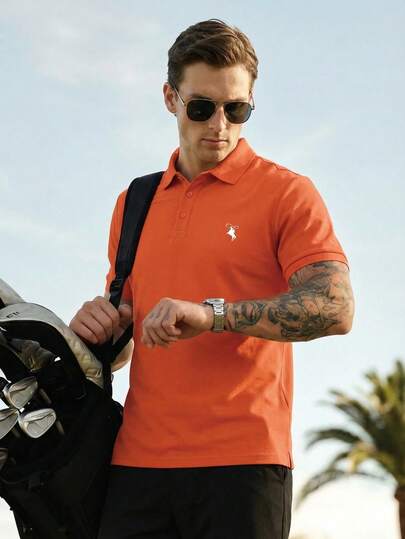 Men's Golf Polo Shirt, Fashion Business Casual Printed Short Sleeve Polo With Button Design