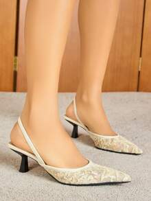 女士米色蕾丝花卉刺绣尖头踝带细高跟凉鞋 - 杏色 - 查看 2