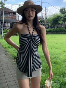 条纹无肩带露背吊带背心，百搭修身无袖短款上衣，夏季必备 - 條紋 - 查看 5