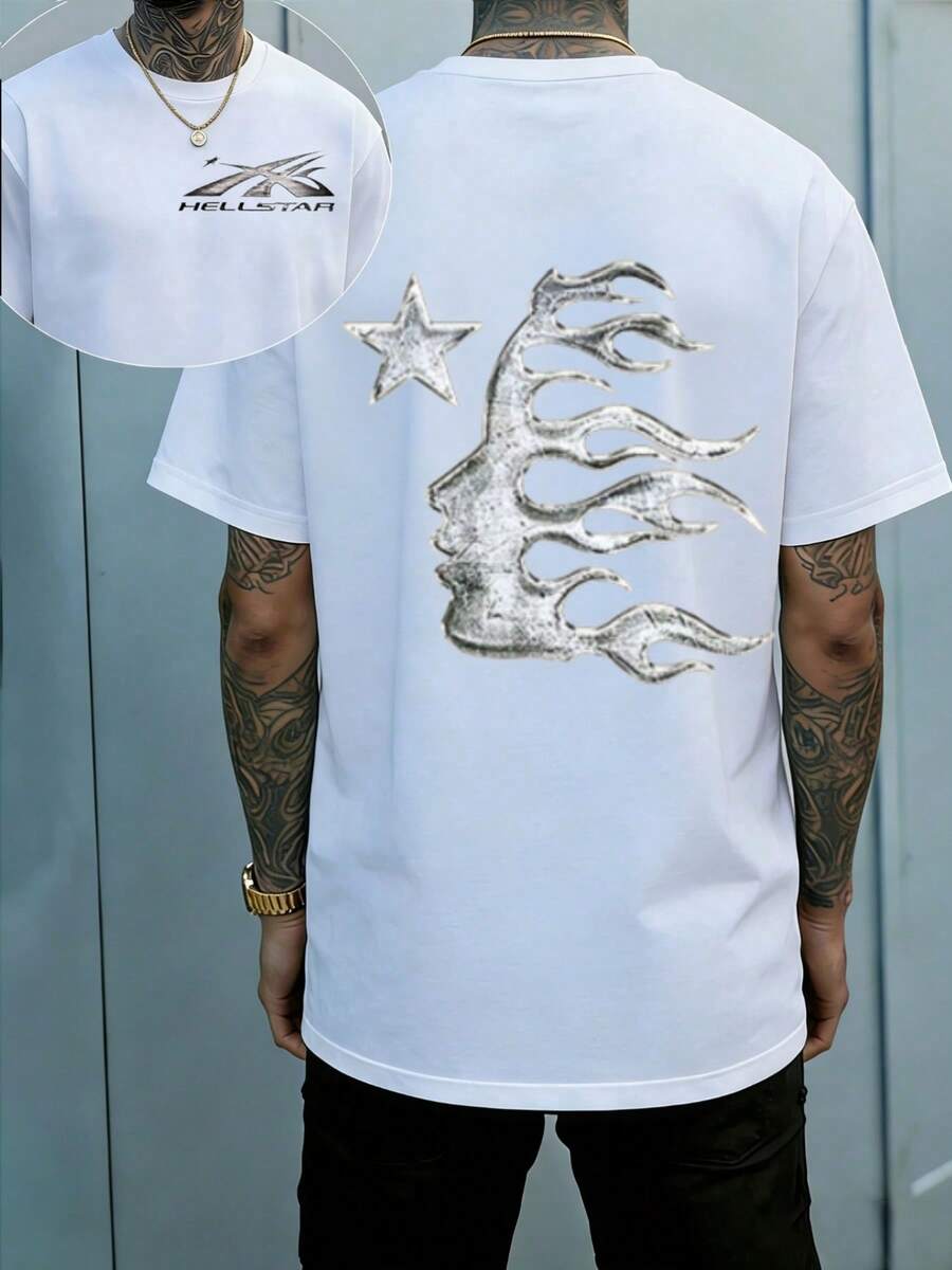 Hellstars Metallic Fire Hair Star Vintage T-Shirt Double Sided Printed (220g 100% Cotton T-Shirt),Summer Clothes, Men's Tops, Casual And Comfortable, Fashionable Graphic Tee, Unisex Style - 白色 - 查看 1