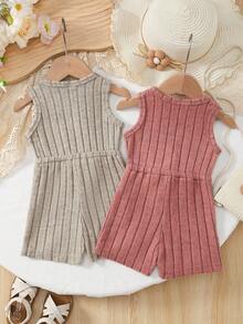 Baby Girls' Casual Ribbed Sleeveless Round Neck Button Front Romper, Suitable For Daily Wear & Parent-Child Outings, Summer - Multicolor - View 2