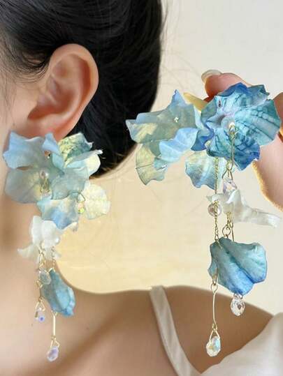 1 Pair Exaggerated Floral Tassel Earrings For Women, Unique & Beautiful Earrings, Suitable For Spring/Summer Beach Vacation,Jewellery