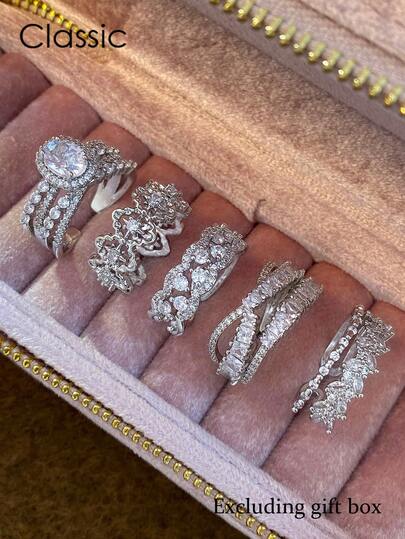 5pcs Synthetic Cubic Zirconia Exaggerated High-End Luxurious Elegant Unique Cocktail Party Wedding Festival Daily Wear Open Ring Set For Women (Excluding Gift Box)