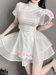 1件蝴蝶结透明网纱镂空护士服，适合化装舞会、酒吧派对、夜店装扮、派对角色扮演 - 白色 - 查看 5