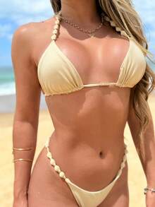 Jade Bikini With Pearls, Luxury Beach Set For Women, Summer, Bathing, And Sea - 米色 - 查看 1