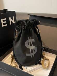 Spring/Summer New Black/Beige/Khaki Letter Print Casual Canvas Shoulder Bag, Crossbody Bag, High-Value Student Backpack, Drawstring Bucket Bag, Lightweight Portable, Adjustable Strap, Fits Books, Files, Stationery, Phone, Power Bank, Water Bottle, Office/Commute - Multicolor - View 4