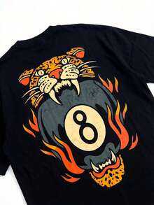 Men's Leopard Print & Flame Pattern Loose Fit T-Shirt, Casual Street Hip Hop Style Double-Sided Graphic Retro Tattoo Soft Touch, Summer - Black - View 7