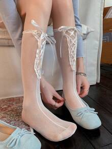 1双女士小腿袜（无硬纸板），薄款芭蕾舞风格交叉蝴蝶结小腿袜，适合春夏穿着，可与裙子百搭。 - 彩色 - 查看 8