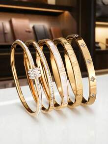 Bộ 5 chiếc/bộ Zyhcayer, 1 chiếc vòng tay hình ngôi sao lấp lánh sang trọng, tối giản, chất lượng cao, làm bằng thép không gỉ, mang đến vẻ đẹp cao cấp cho nam giới. - Vàng - Xem 1