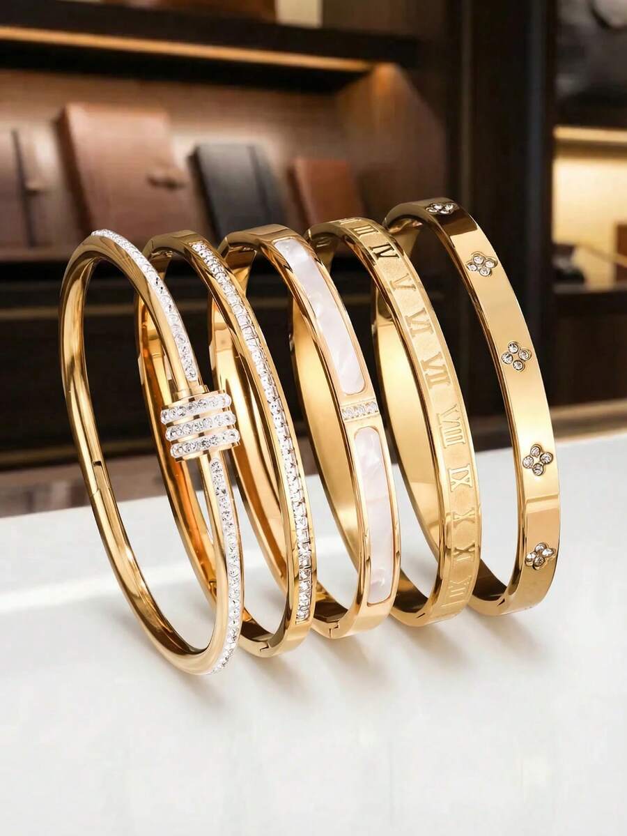 Bộ 5 chiếc/bộ Zyhcayer, 1 chiếc vòng tay hình ngôi sao lấp lánh sang trọng, tối giản, chất lượng cao, làm bằng thép không gỉ, mang đến vẻ đẹp cao cấp cho nam giới. - Vàng - Xem 1